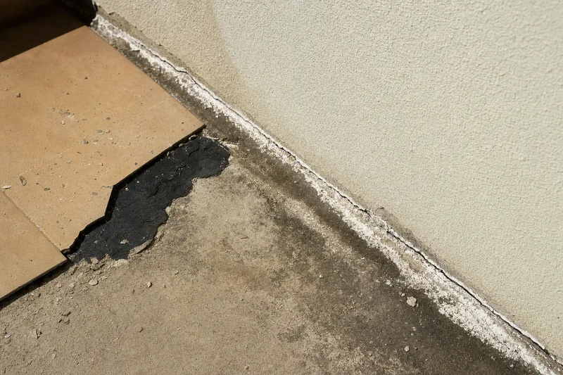 A cracked concrete balcony floor at the wall junction with white efflorescence along the crack and a lifted tile exposing failed black membrane beneath — illustrative example