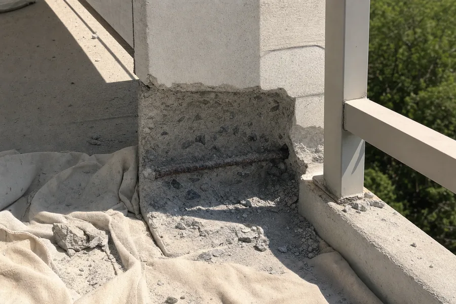 Concrete broken back to sound material on a balcony edge, leaving a square-cut recess with clean grey aggregate exposed and corroded reinforcing bar visible in the base — illustrative example