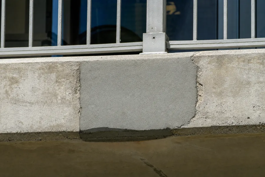Repair mortar packed into a breakout recess on a balcony edge and struck flush, visibly a different grey from the older concrete around it, surface floated and unpainted — illustrative example
